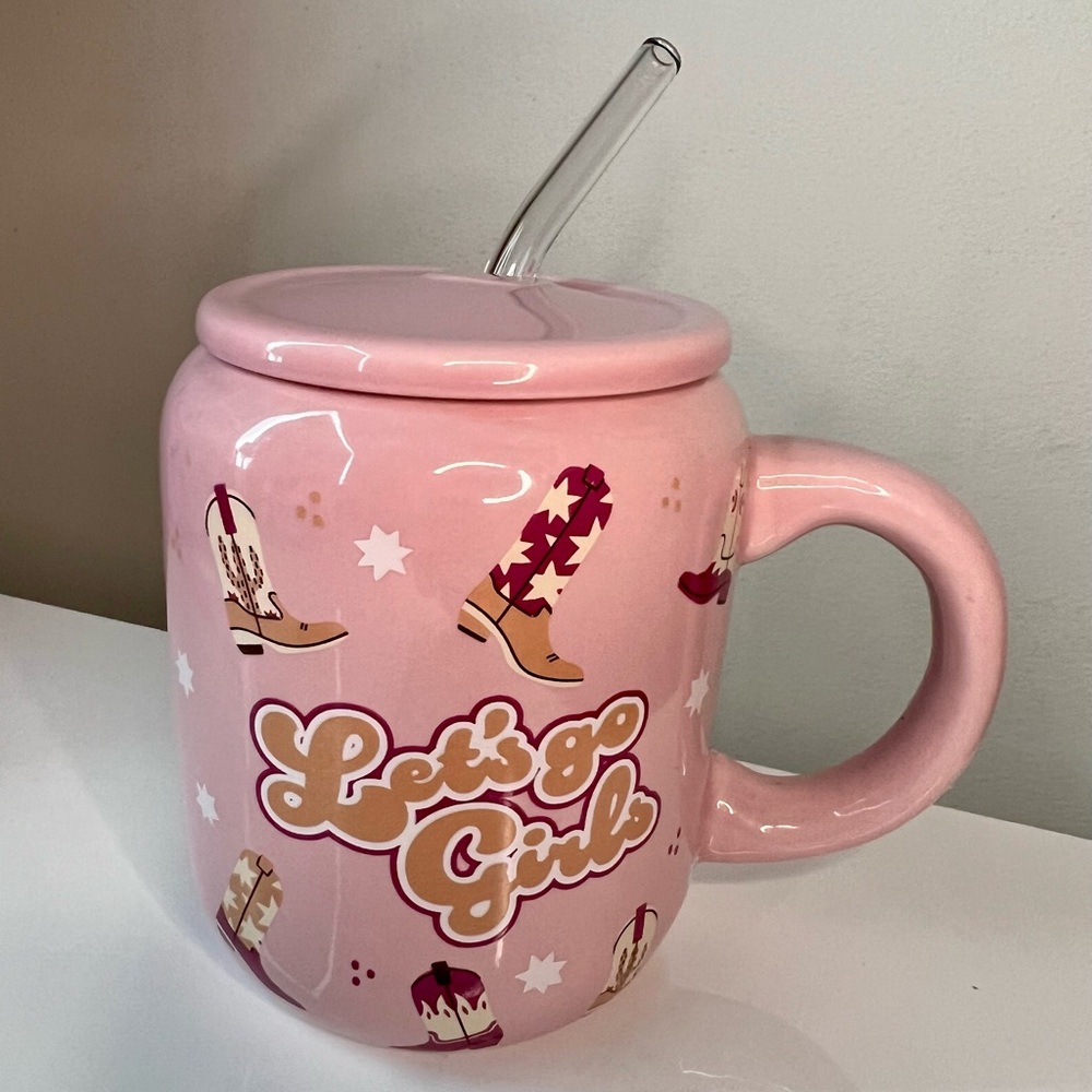 “Let’s Go Girls” Pink Western Ceramic Mug with Lid & Glass Straw
